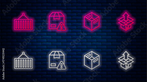 Set line Delivery security with shield, Carton cardboard box, Container crane and Unboxing. Glowing neon icon on brick wall. Vector