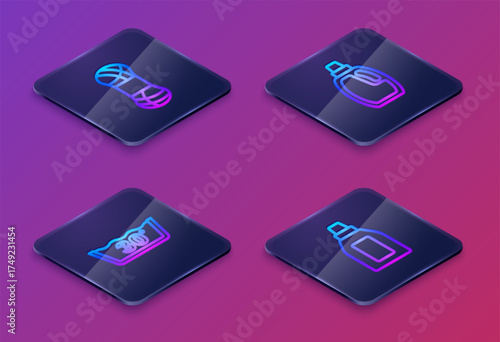 Set Isometric line Yarn, Temperature wash, Bottle for cleaning agent and . Blue square button. Vector