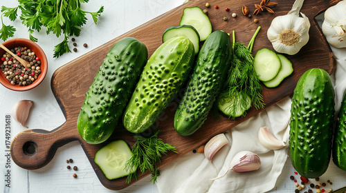 A flat-lay of pickling ingredients (cucumbers, garlic, dill, spices) on a wooden cutting board,  top-down view.