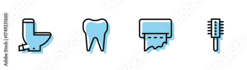 Set line Paper towel dispenser on wall, Toilet bowl, Tooth and Hairbrush icon. Vector