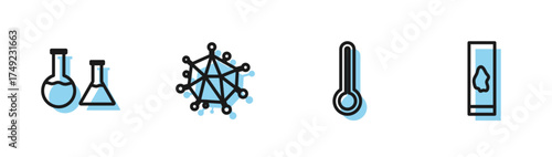 Set line Medical thermometer, Test tube and flask, Virus and Blood test virus icon. Vector