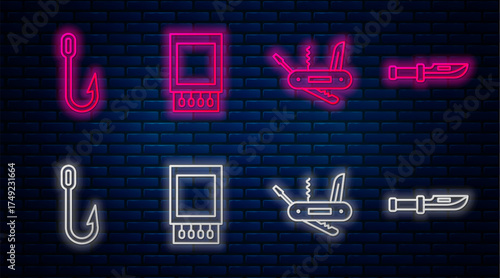Set line Open matchbox and matches, Swiss army knife, Fishing hook and Camping knife. Glowing neon icon on brick wall. Vector