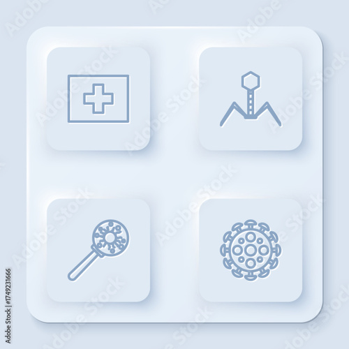 Set line First aid kit, Bacteria bacteriophage, Virus under magnifying glass and . White square button. Vector