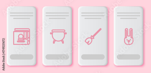 Set line Ancient magic book, Witch cauldron, Witches broom and Rabbit with ears. White rectangle button. Vector