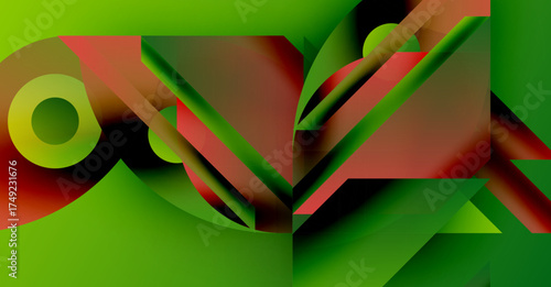 Abstract composition featuring vibrant green, red hues. Geometric shapes intersect, creating dynamic visual effect. Smooth gradients enhance depth.