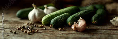 A flat-lay of pickling ingredients (cucumbers, garlic, dill, spices) on a wooden cutting board,  top-down view.