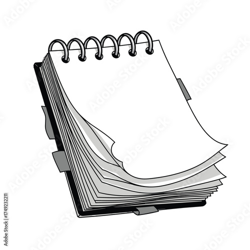A blank spiral bound notepad with several loose pages fluttering on a dark background.