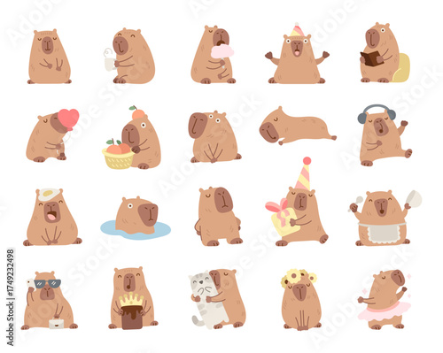 Capybara character set in scandinavian style showing many emotions while holding different objects enjoying reading dancing cooking friendship entertainment relaxation celebration