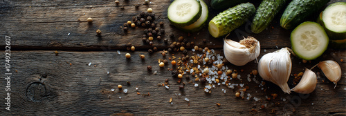 A flat-lay frame of pickling ingredients (cucumbers, garlic, dill, spices) on a wooden cutting board,  top-down view.