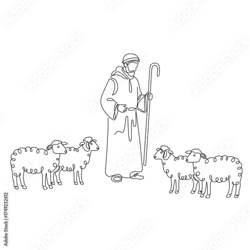 Merry Christmas, shepherd and sheep. Continuous one line drawing. Editable line. Vector illustration on a transparent background