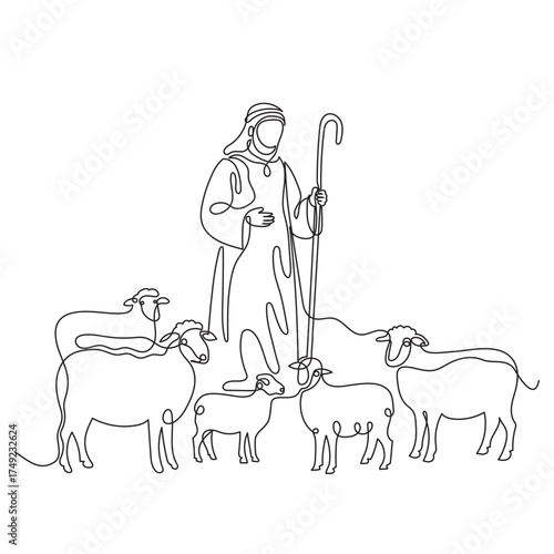 Merry Christmas, shepherd and sheep. Continuous one line drawing. Editable line. Vector illustration on a transparent background