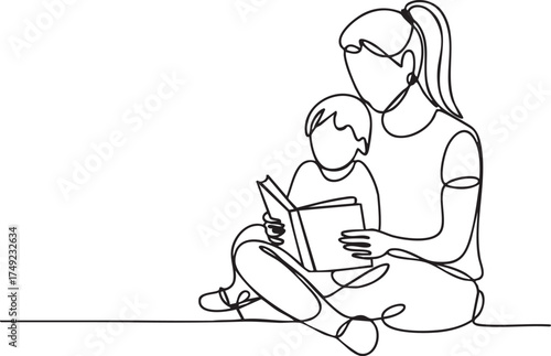 Continuous one line drawing of parent and child reading together in minimalist black and white style showing love, learning, and family bond