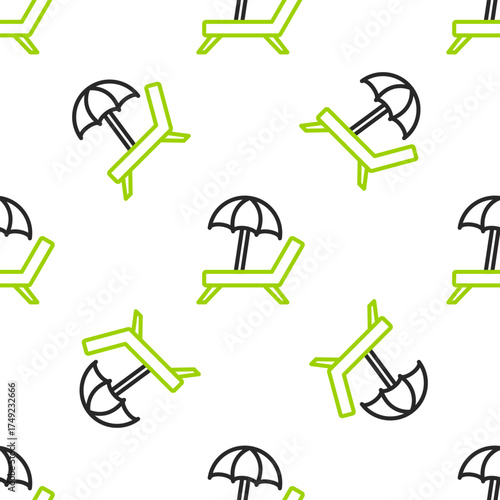 Line Sunbed icon isolated seamless pattern on white background. Beach umbrella and Sun lounger. Vector