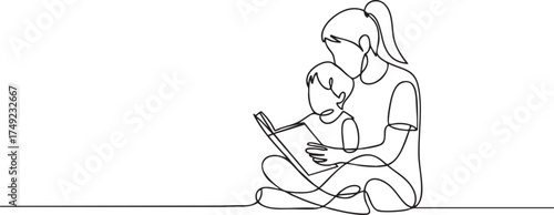 Continuous one line drawing of parent and child reading together in minimalist black and white style showing love, learning, and family bond