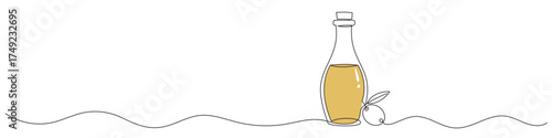 Continuous one line drawing of olive oil in a glass bottle, vector illustration. Olive oil in continuous line drawing style. Editable line on a transparent background