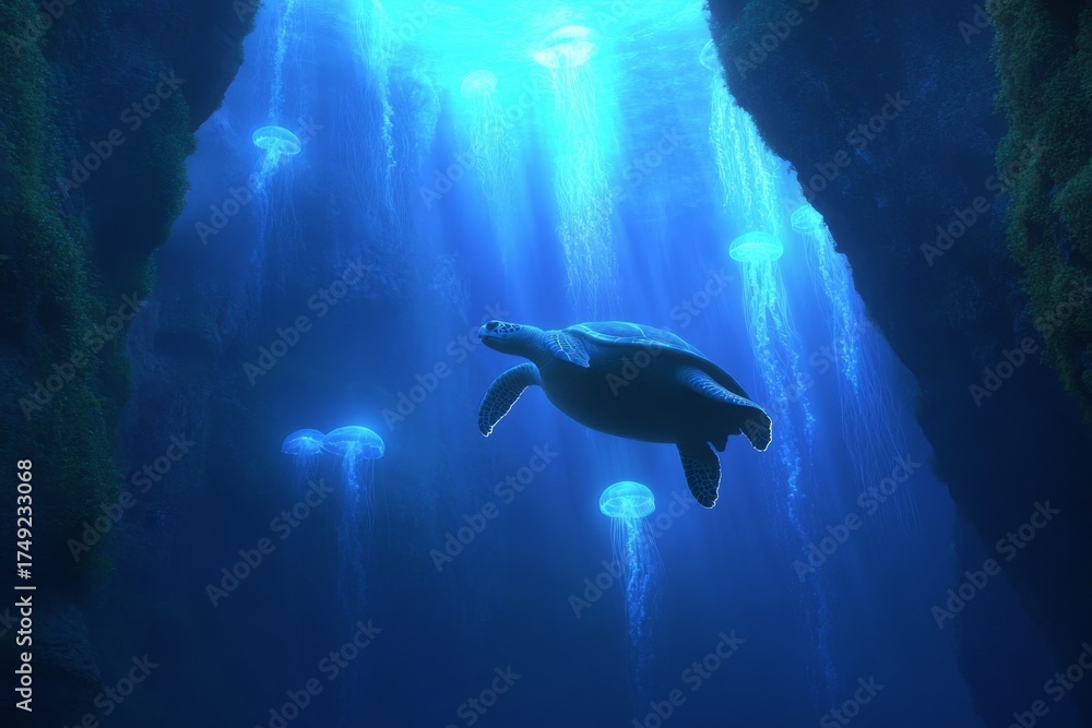 Fototapeta premium Enchanting underwater world with turtles and jellyfish in deep blue ocean cavern