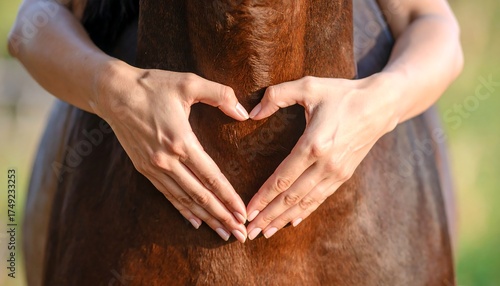 Woman's hands form a heart shape on a horse's back.  Close-up
