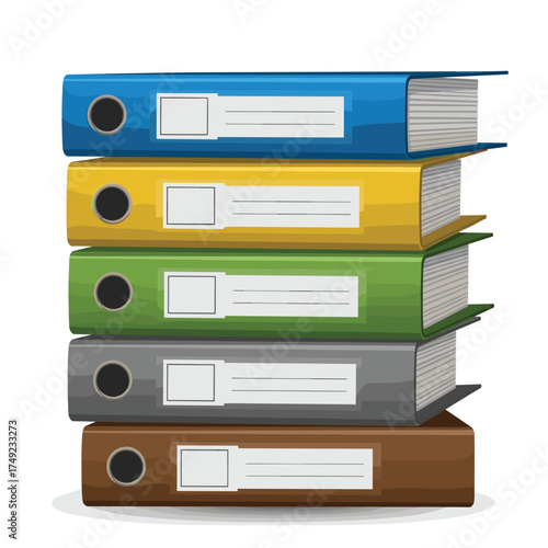 A stack of five colorful binders filled with documents and important papers.