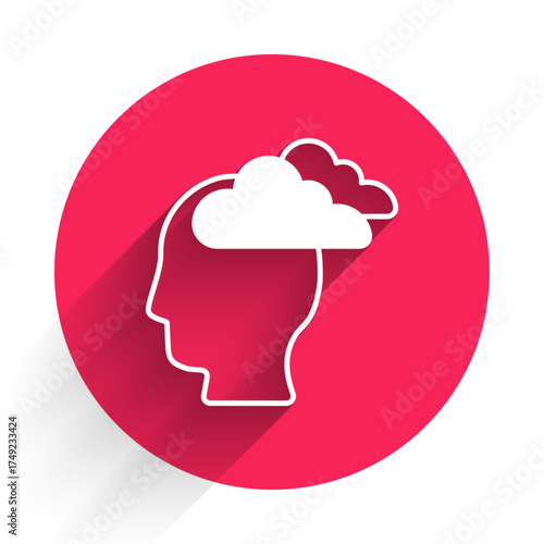 White Man having headache, migraine icon isolated with long shadow. Red circle button. Vector
