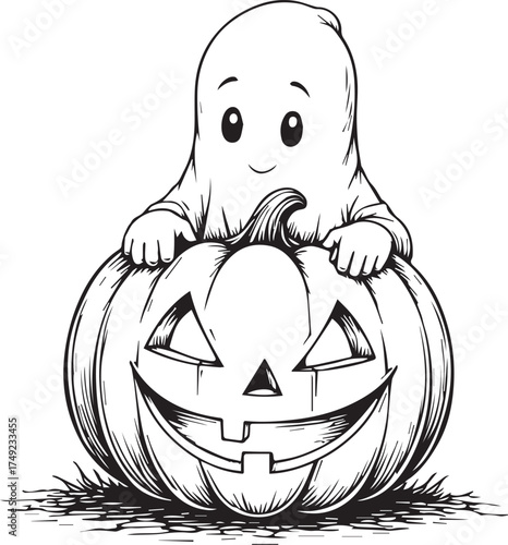 A friendly ghost perches atop a grinning pumpkin, inviting viewers into a realm of Halloween fun. It's a whimsical celebration of the spooky season, evoking feelings of delight and intrigue.