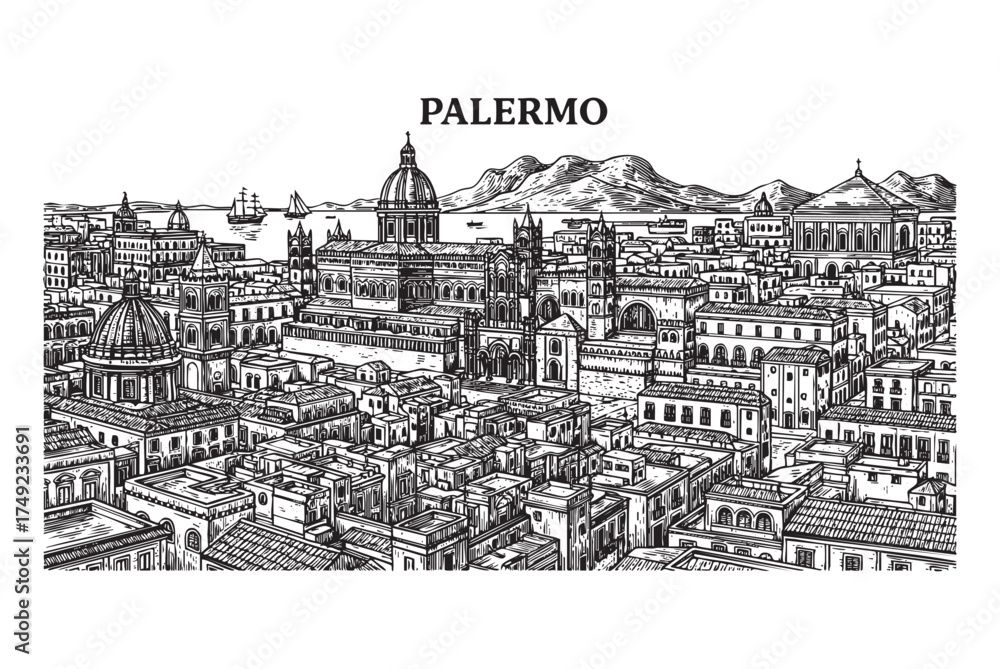 Fototapeta premium Palermo Cityscape Sicilian City's Historic Skyline, Featuring Domes, Buildings, and the Harbor 