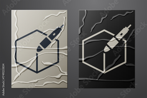 White 3d pen tool icon isolated on crumpled paper background. Paper art style. Vector