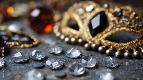 Wallpaper Mural An array of sparkling gems and a beautifully adorned mask are artistically arranged, showcasing the allure of luxury and the beauty of artistry in decorative items. Torontodigital.ca