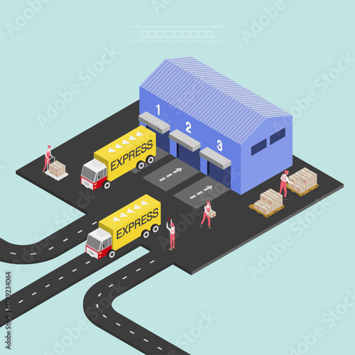truck on the road with a trailer  Isometric illustration of a warehouse and delivery trucks.