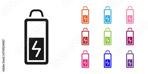 Black Battery icon isolated on white background. Lightning bolt symbol. Set icons colorful. Vector