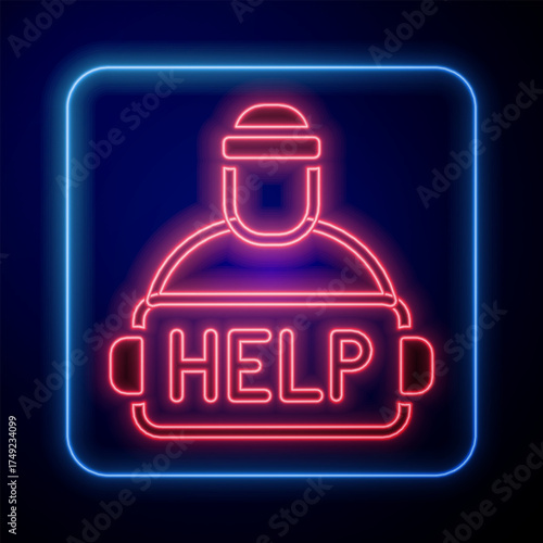 Glowing neon Man with cardboard on the city street is asking for help icon isolated on black background. Poor homeless beggar. Homelessness problem. Vector