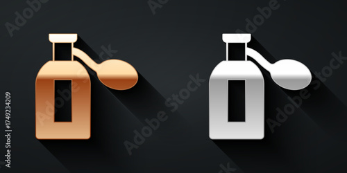 Gold and silver Perfume icon isolated on black background. Long shadow style. Vector