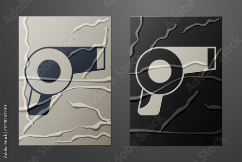 White Hair dryer icon isolated on crumpled paper background. Hairdryer sign. Hair drying symbol. Blowing hot air. Paper art style. Vector
