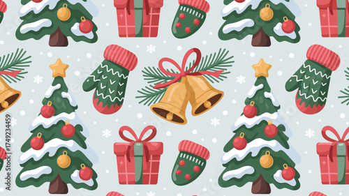 A seamless pattern of christmas trees gifts mittens and bells on a light blue background with snowflakes