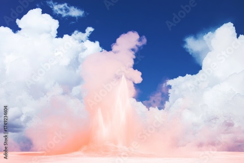 Fototapeta Naklejka Na Ścianę i Meble -  Dramatic erupting geyser against a blue sky with billowing clouds
