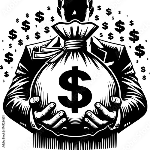 Wealthy Man: A composed individual, stands front and center, clutching a substantial bag of money. The illustration captures the essence of financial affluence.