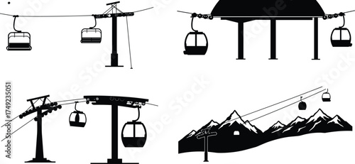 Vector illustration set of ski lift gondola systems with mountain landscape, cable cars, transport towers, tourism, adventure, and travel design