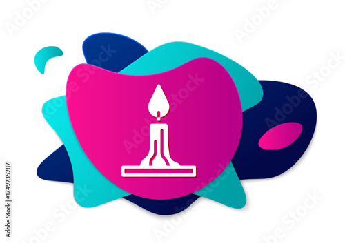 Color Burning candle in candlestick icon isolated on white background. Cylindrical candle stick with burning flame. Abstract banner with liquid shapes. Vector