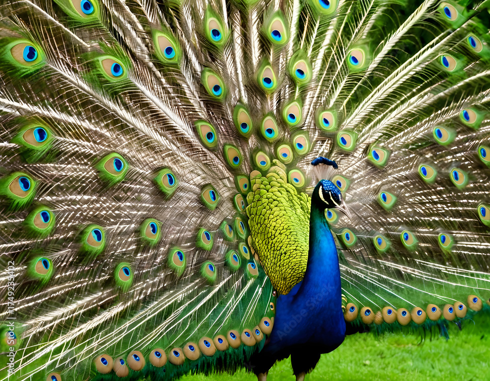 Obraz premium brilliantly colorful peacock displaying its iridescent plumage in full glory. Concept of natural splendor., peacock with feathers out of focus
