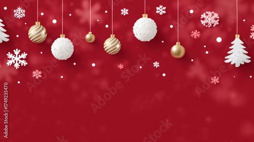 Christmas ornaments and snowflakes decorating red holiday background