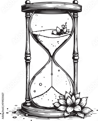 An artistic hourglass symbolizes time, with sand trickling downwards, accented by a delicate floral motif, evoking themes of mortality, transformation, and the passage of moments.