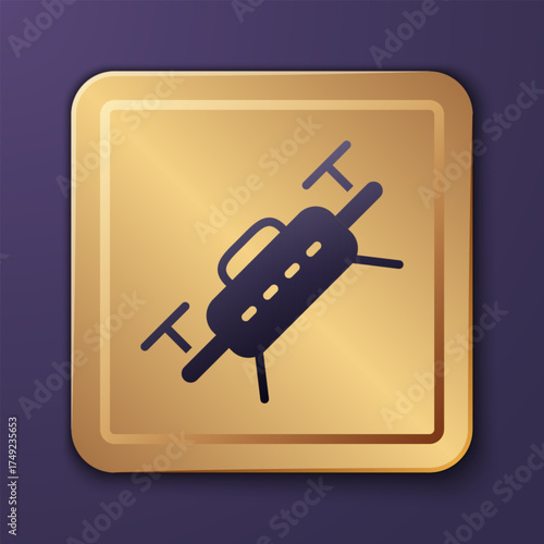 Purple Drone flying icon isolated on purple background. Quadrocopter with video and photo camera symbol. Gold square button. Vector