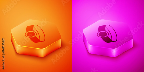 Isometric Diamond engagement ring icon isolated on orange and pink background. Hexagon button. Vector