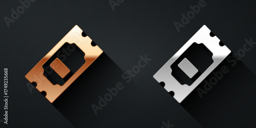Gold and silver Cinema ticket icon isolated on black background. Long shadow style. Vector