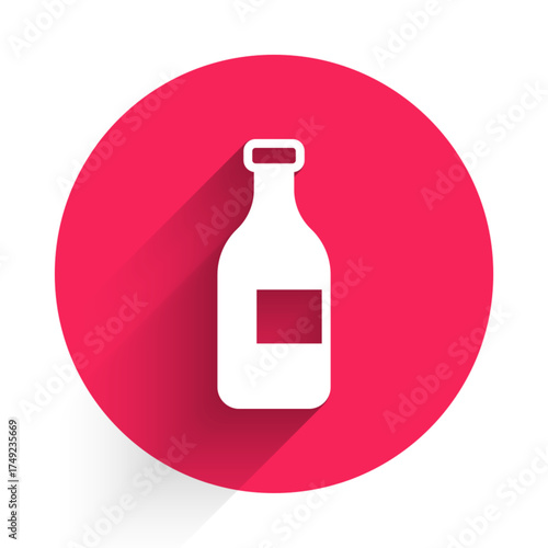 White Bottle of wine icon isolated with long shadow background. Red circle button. Vector