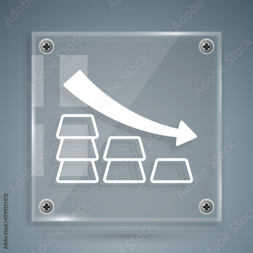 White Finance falling chart arrow with gold bars icon isolated on grey background. Financial success concept. Gold investment concept. Square glass panels. Vector