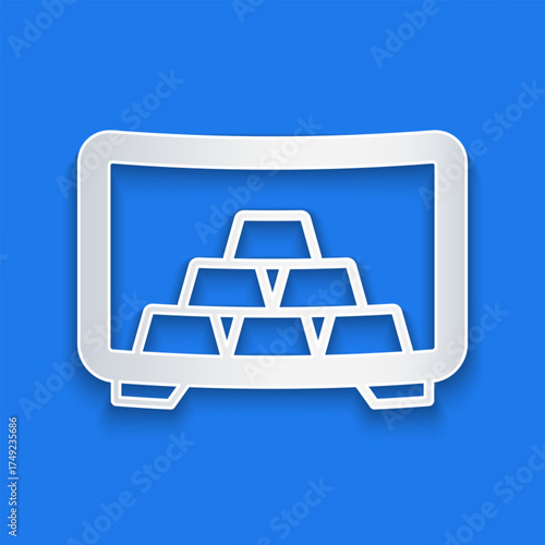 Paper cut Safe with gold bars icon isolated on blue background. Precious metals on deposit in bank. Metallic treasury. Reliable data protection. Paper art style. Vector