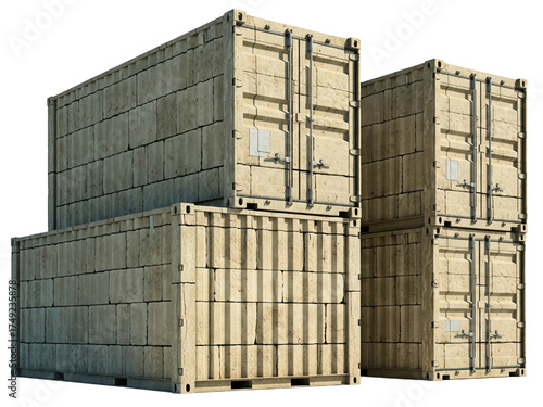 Stack of old weathered cargo shipping containers for logistics on a transparent background
