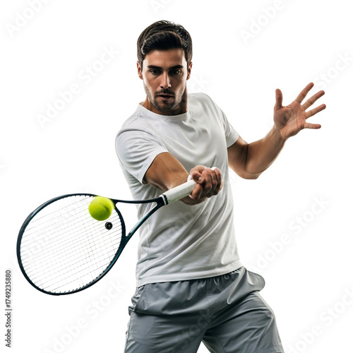 Dynamic male tennis player hitting a yellow ball with a racket, showcasing athletic skill and intense focus during a game on a clean white background