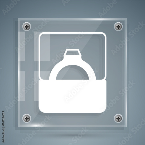 White Diamond engagement ring in box icon isolated on grey background. Square glass panels. Vector