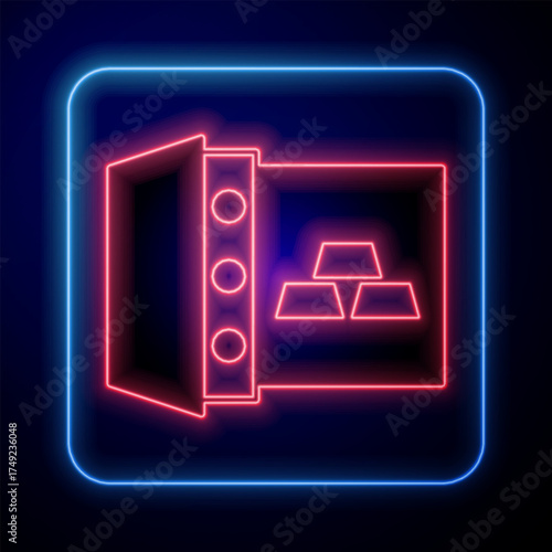 Glowing neon Safe with gold bars icon isolated on black background. Precious metals on deposit in bank. Metallic treasury. Reliable data protection. Vector